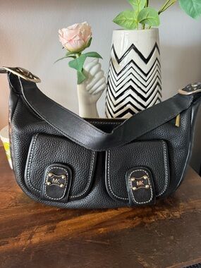 Michael Kors Black Pebbled Leather Shoulder Bag with Dual Front Flap Pockets